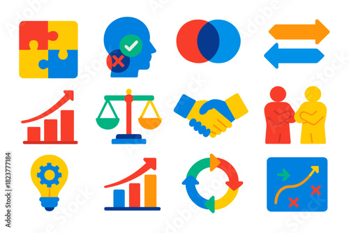 Colorful Negotiation Icons. Flat vector icons of negotiation strategies: win-win puzzle, BATNA symbol, ZOPA overlap diagram, trade