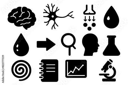 Neuroscience Icon Set. Solid style icons of neuroscience and behavioral analysis: brain, neuron, synapse, chemical droplet, arrow,