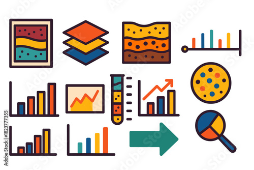 Geoarchaeology Icon Set. Flat vector icons of data visualization in geoarchaeology: stratigraphy chart, layer diagram,