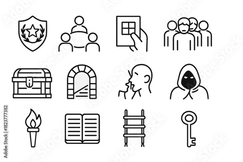 Secret Rebellion Icons. Line style icons of Rebellion Planning: Hidden Emblem, Covert Gathering, Leaflet, Subjugated People;