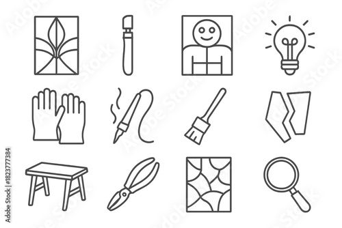 Glass Crafting Icons. Line style icons of Glass Illustration: Copper Came, Glass Cutter, Cartoon Layout, Colored Light; Safety