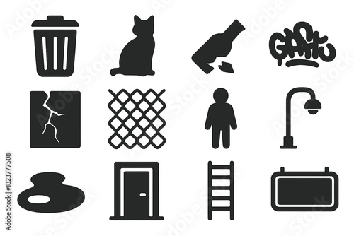 Dark Alley Icons. Solid style icons of Dark Alleys: Trash Can, Cat Silhouette, Broken Bottle, Graffiti, Cracked Wall, Chain Link