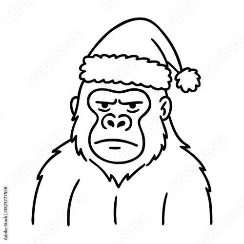 Dibujo sencillo con líneas de gorila con sombrero de Santa Claus para tarjetas y felicitaciones de Navidad