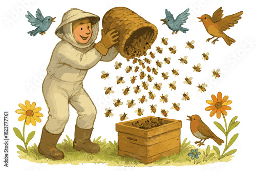 Bee Swarm Relocation. Swarm relocation adventure with a beekeeper guiding bees into a new hive, birds cheering, and flowers waving