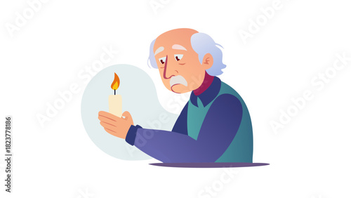 Elderly man holding candle, expression of contemplation and intr.