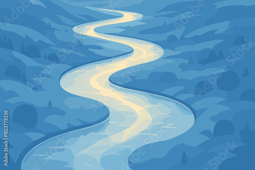 Icy River Majesty. Aerial view vector illustration of winding icy river cutting through a frosty blue landscape, soft golden light