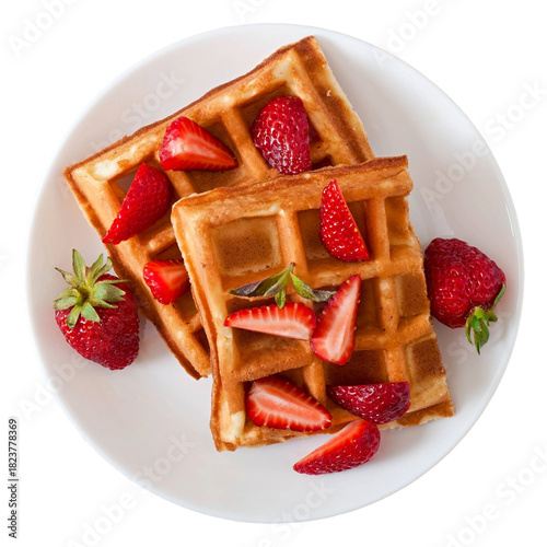 Golden brown waffles topped with fresh strawberries on a white plate