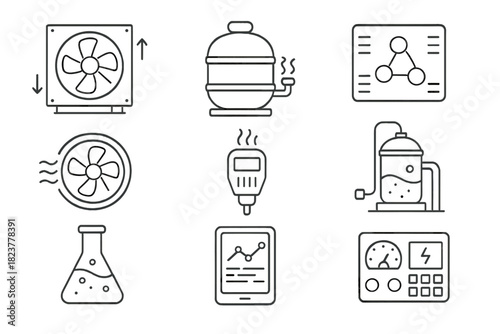 Climate Tech Icons. Line style icons of Climate Technology: Direct Air Capture Unit, Storage Tank, Molecule Separator, Carbon