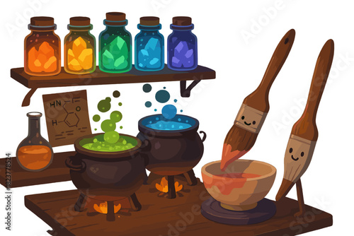 Glowing Pottery Lab. Glaze chemistry lab with glowing jars of minerals, bubbling cauldrons, and friendly brushes painting pottery