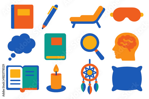 Dream Analysis Icons. Flat vector icons of Dream Analysis Tools: journal, pen, therapist couch, eye mask, thought bubble,