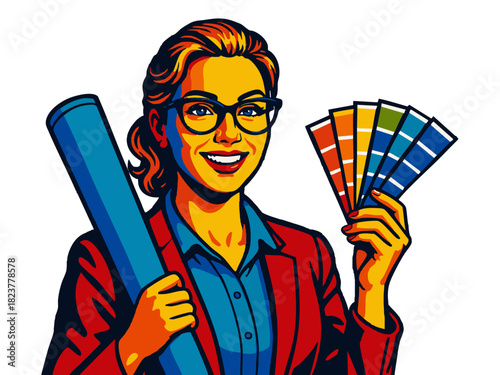 smiling female interior designer with color palette and architectural plans, symbolizing creativity and home design. Generative ai vector colorful pop art illustration.