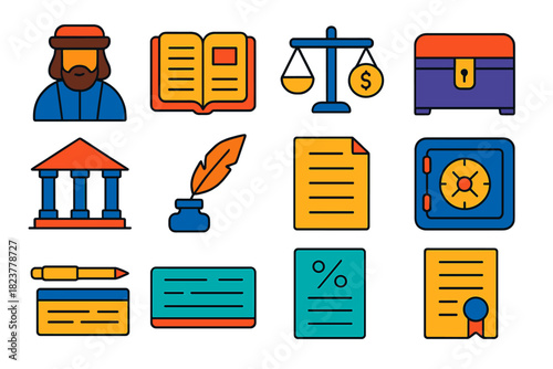 Banking History Icons. Flat vector icons of banking history: merchant banker, ledger book, coin scale, lockbox chest, early stock