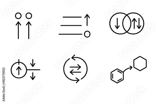 Spin Chemistry Icons. Line style icons of Spin Chemistry Concepts: paired electron spins, spin state diagram, singlet-triplet icon