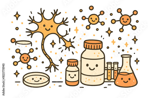 Whimsical Lab Scene. Whimsical doodle psychopharmacology lab with smiling pill bottles, cartoon neurons firing happily, cheerful