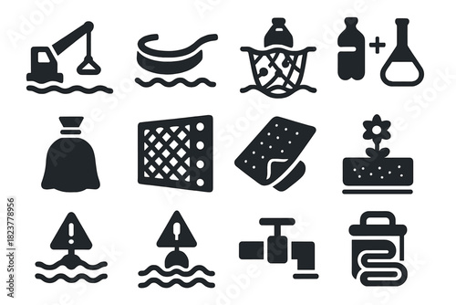 Pollution Control Icons. Solid style icons of Pollution control: oil skimmer, floating barrier, trash net, chemical neutralizer,