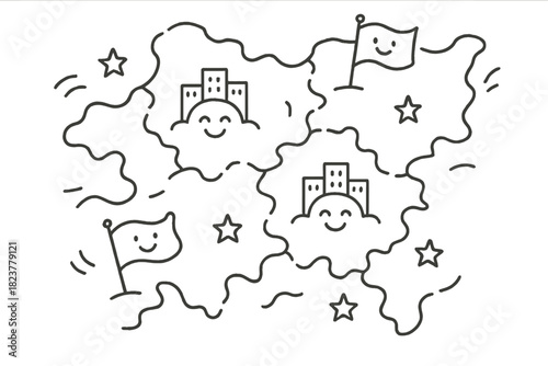 Dancing Borders with Stars. Playful doodle changing borders illustration with happy flags, cartoon boundary lines moving gently,