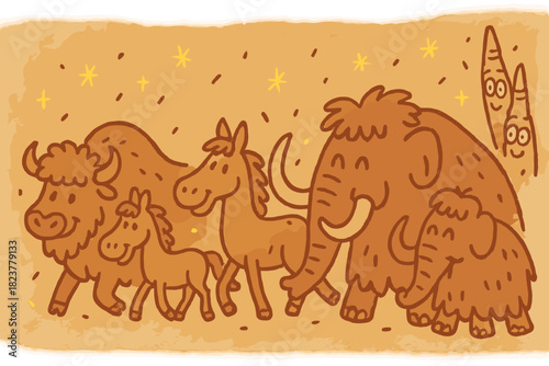 Doodle Animal Parade. Playful doodle animal parade on cave wall with happy bison, smiling horses and mammoths, cartoon speleothems