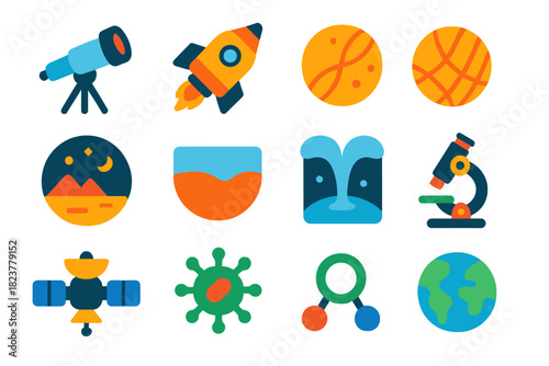 Exobiology Icons. Flat vector icons of exobiology and astrobiology concepts: telescope, spacecraft, Enceladus, Europa, planetary