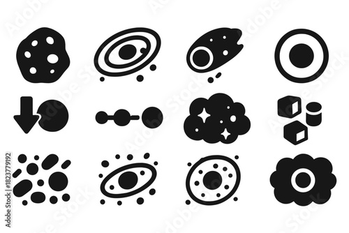 Solar System Formation Icons. Solid style icons of solar system formation link: early planetesimal, protoplanet disk, icy body,