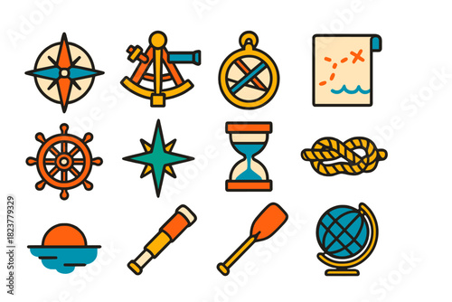 Traditional Navigation Icons. Flat vector icons of traditional navigation: compass rose, sextant, astrolabe, navigational chart,