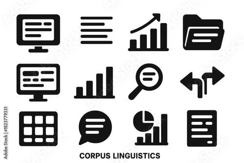 Corpus Linguistics Icons. Solid style icons of corpus linguistics: computer with text database, concordance lines, word frequency