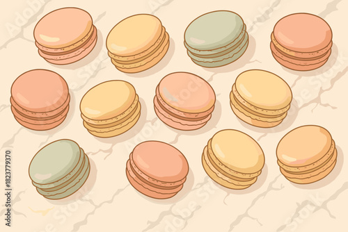 Pastel Macaron Elegance. Artistic flat lay of assorted macarons in soft pastel colors on a marble surface, elegant and playful,