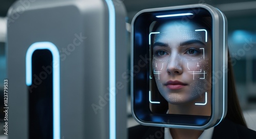 Young woman using facial recognition technology for security access control