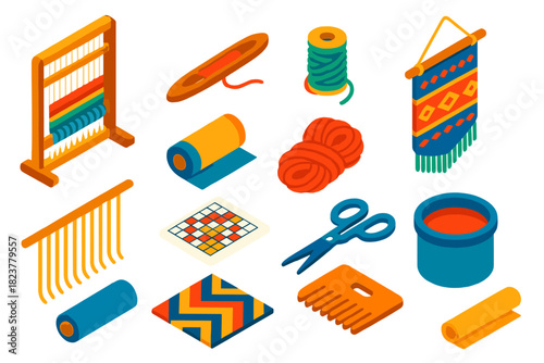 Artisan Weaving Tools. Isometric vector illustration set Artisan Weaving: frame loom, shuttle stick, thread spool, hanging