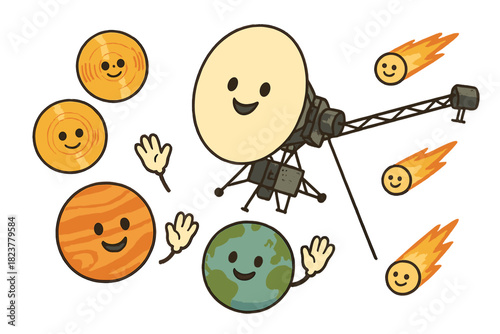 Voyager's Cosmic Farewell. Voyager spacecraft flying with smiling golden records, planets waving goodbye, and comets guiding the