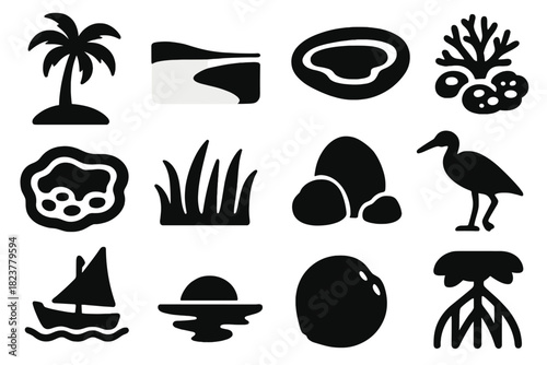 Tropical Seascape Icons. Solid style icons of Tropical seascape: palm tree, sandy beach, lagoon, reef crest, tide pool, sea grass