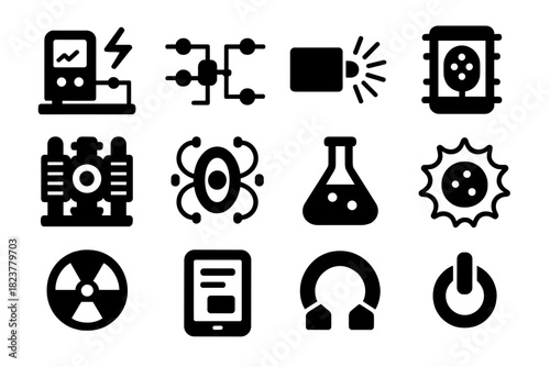 Experimental Science Icons. Solid style icons of Experimental Science: Prototype Device, Quantum Circuit, Laser Beam, Particle