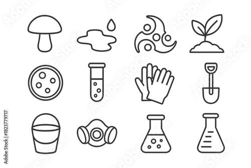 Mycoremediation Icons. Line style icons of Mycoremediation: Fungi, Oil Spill, Toxin Absorption, Soil Cleanup; Petri Dish, Test