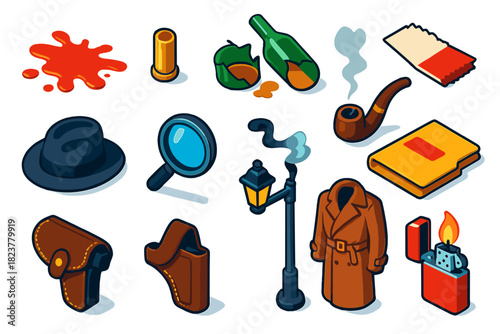 Noir Investigation Icons. Isometric vector illustration set Noir Investigation: blood smear, shiny bullet casing, broken whiskey
