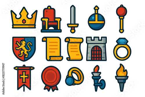 Medieval Royal Icons. Flat vector icons of Medieval Kingship: king’s crown, castle throne, knight’s sword, royal orb, sceptre,