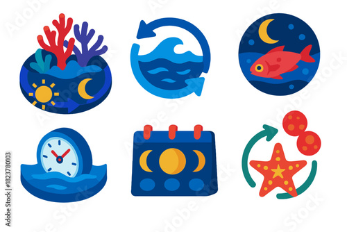 Marine Chronobiology Icons. Isometric vector illustration set Chronobiology of marine organisms: coral reef cycles, tidal movement