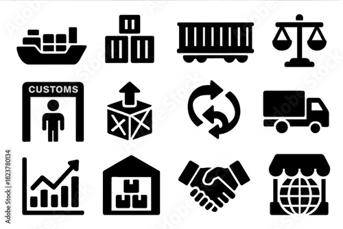 Global Trade Icons. Solid style icons of global trade: cargo ship, container stack, freight train, trade balance scale, customs