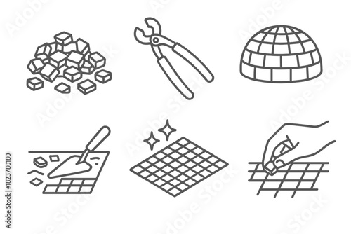 Mosaic Art Techniques. Line style icons of Mosaic Techniques: tesserae pile, curved mosaic tool, dome surface, tile inlay process,