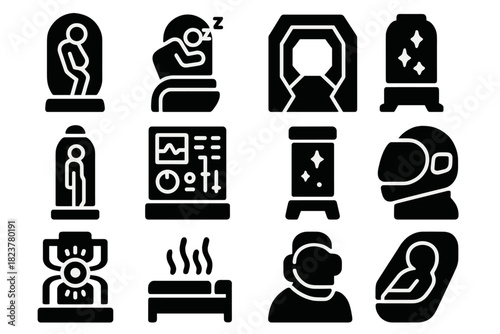 Space Stasis Icons. Solid style icons of Space Stasis: Stasis Pod, Sleeping Astronaut, Starship Corridor, Hibernation Capsule,