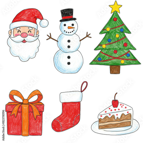 six isolated, naive christmas elements (santa, snowman, tree, gift, cake, stocking) rendered as photorealistic crayon art with bold outlines on white paper. concept of festive holiday joy