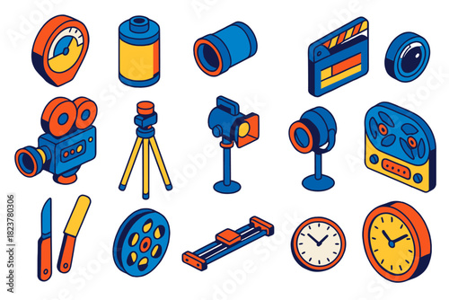 Retro Film Equipment. Isometric vector illustration set Analog Film: retro light meter dial, sealed film canister, optical