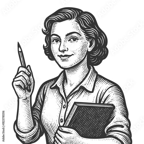 smiling female teacher with books and a raised finger, symbolizing education and knowledge sketch engraving generative ai fictional character vector illustration. Scratch board. Black and white image.