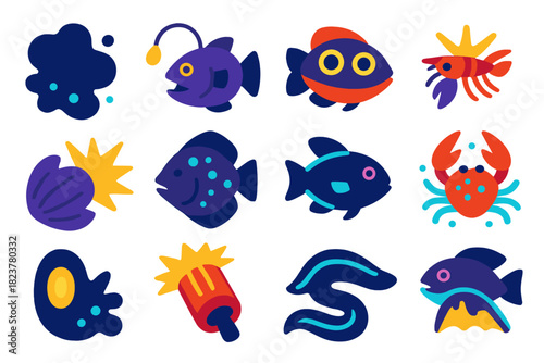 Bioluminescent Defense Icons. Flat vector icons of bioluminescent defense mechanisms: glowing ink cloud, fish lure light, glowing