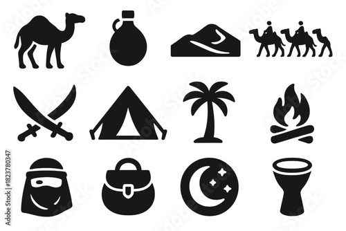 Desert Nomad Icons. Solid style icons of Desert Nomads: camel, water skin, sand dune, caravan, scimitar, tent, palm tree, fire pit