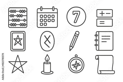 Numerology Tools Line Icons. Line style icons of Numerological Tools: Abacus, Calendar, Mystic Number, Calculation; Tarot Card,