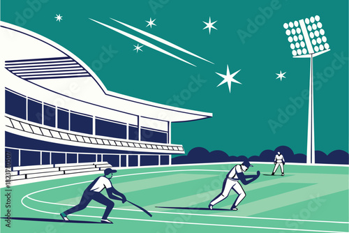 Stylized graphic illustration of cricket players at stadium with floodlights sport