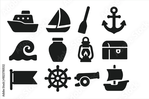 Ocean Voyage Icons. Solid style icons of Ocean Voyages: Ship, Sail, Oar, Anchor, Wave, Cargo Jar, Lantern, Chest, Banner, Helm,