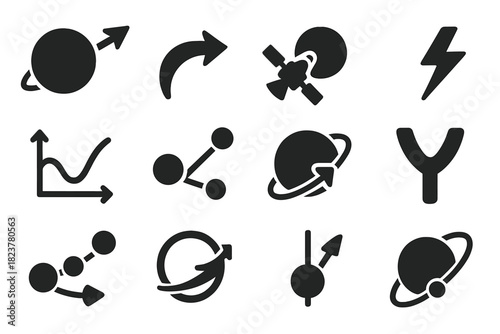 Gravity Assist Icons. Solid style icons of gravity assists: planet slingshot, curved trajectory arrow, spacecraft flyby, energy