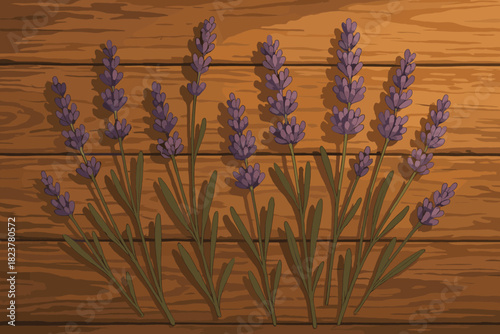 Lavender Flat Lay Elegance. Artistic flat lay of blooming lavender sprigs placed on a rustic wooden table, soft warm lighting,
