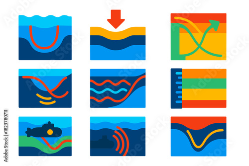 Ocean Sound Channel Icons. Flat vector icons of SOFAR channel and deep sound channels: ocean cross-section, sound minimum depth,