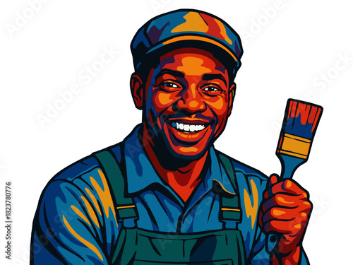 smiling man in work overalls and cap, holding a paintbrush, representing painting jobs and renovations. Generative ai vector colorful pop art illustration.